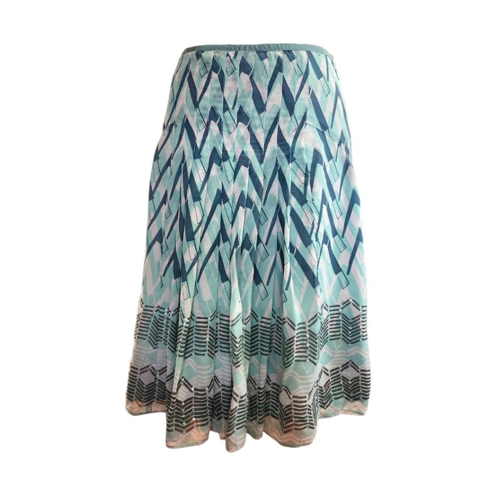 Ted Baker Silk Geometric Pleated Skirt Green Turquoise Size 2